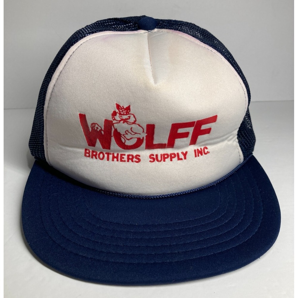 Vintage Wolff Brothers Supply Cap Hat Adult Blue White Mesh Trucker Snapback‎